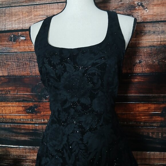 Vintage Nite Kraze Dress 9/10 Velvet Burnout Floral Glitter Cross Back LBD - Picture 3 of 10